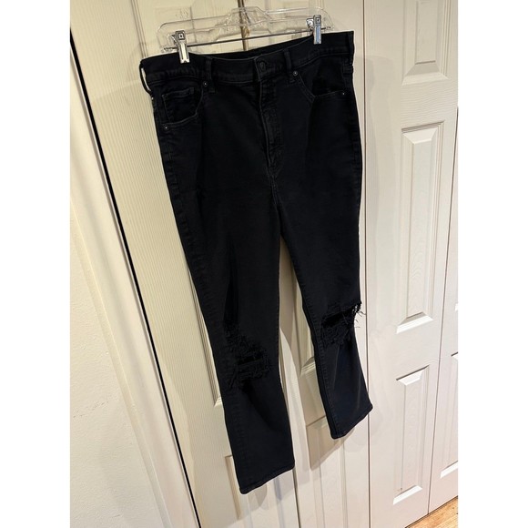 EXPRESS Black Super High Rise Slim Straight Ripped Knee Distressed Jeans 14 - Picture 7 of 12
